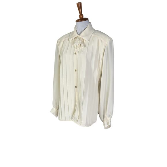 Vintage 80s Ivory Tie Neck Pleated Bouse by Ms. Chaus large - Picture 8 of 9